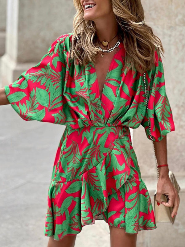 Kathleen - Women's Tropical Print Mini Dress with Deep V-Neck and Puff Sleeves