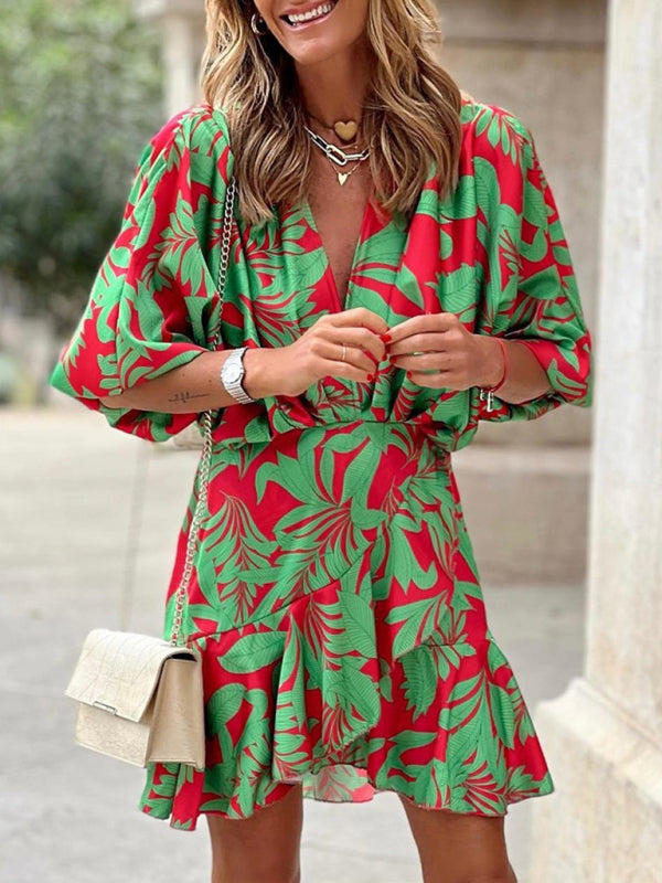 Kathleen - Women's Tropical Print Mini Dress with Deep V-Neck and Puff Sleeves