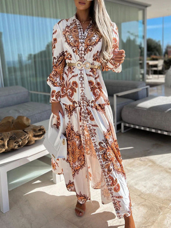 Eden - Γυναικείο μάξι φόρεμα με λαχούρια, μπροστινό κλείσιμο με κουμπιά και ψηλό σκίσιμο