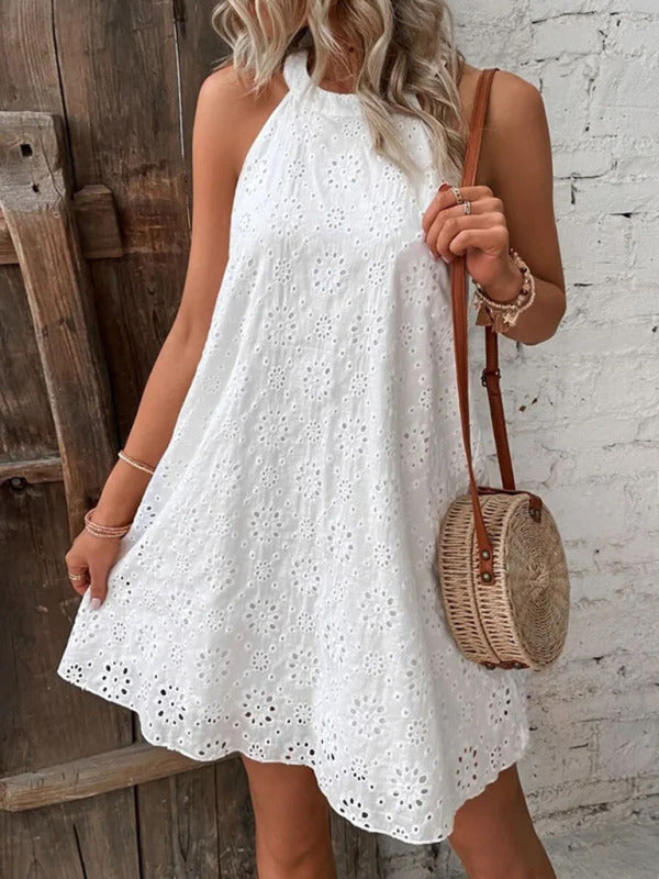Georgia - Women's Eyelet Mini Dress with Halter Neckline and Floral Pattern
