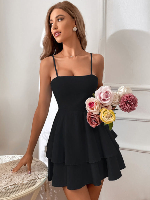 Alice - Women's Backless Mini Dress with Bow Knot Straps and Tiered Skirt