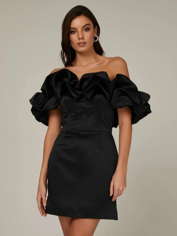 Marsha - Women's Ruffled Neckline Off-Shoulder Mini Dress with Fitted Silhouette