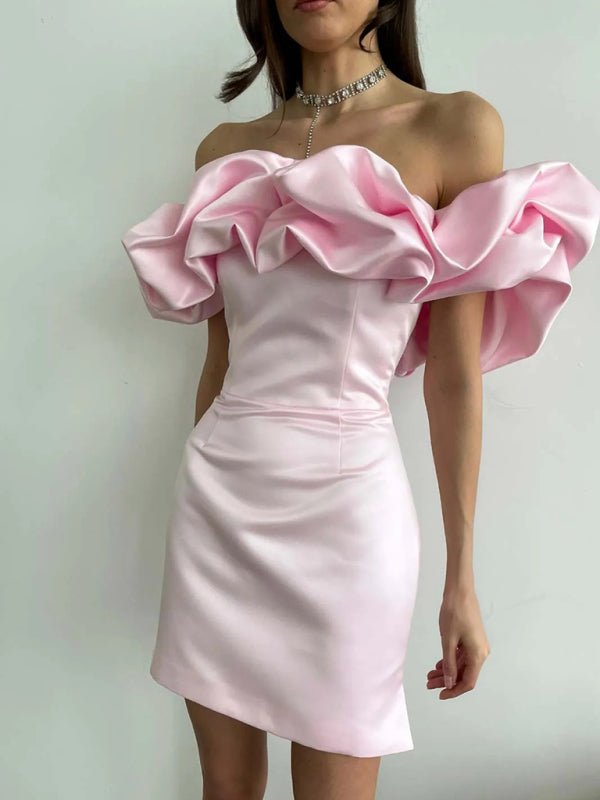 Marsha - Women's Ruffled Neckline Off-Shoulder Mini Dress with Fitted Silhouette