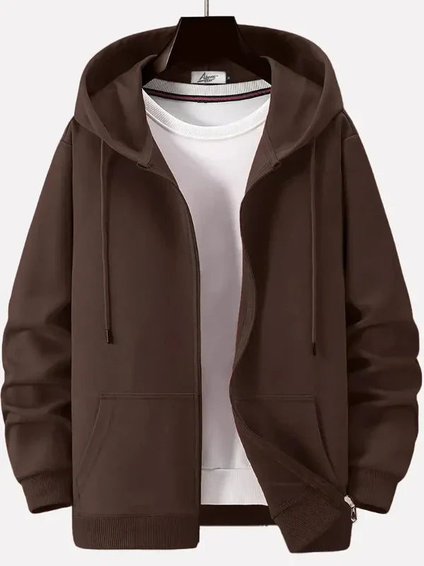 Sudadera con capucha y cremallera para hombre – Corte relajado – Mezcla de algodón – Capucha con cordón – Bolsillos