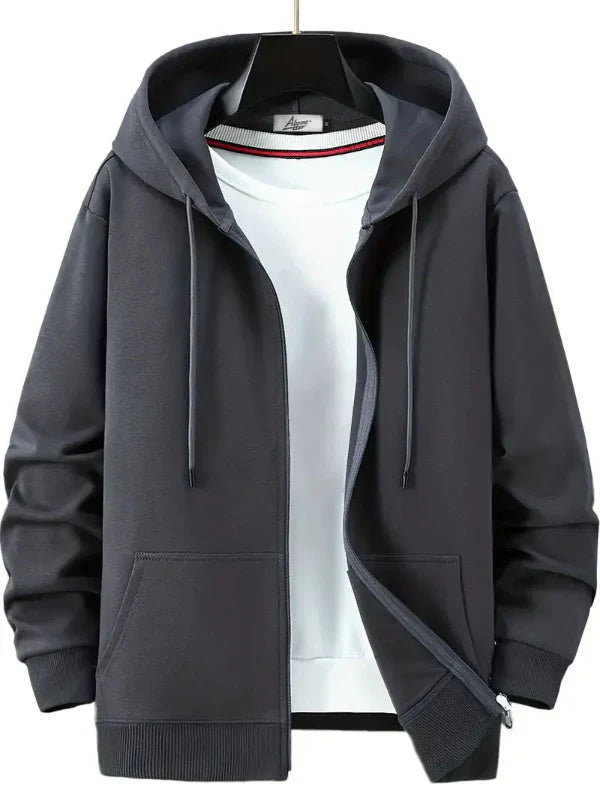 Sudadera con capucha y cremallera para hombre – Corte relajado – Mezcla de algodón – Capucha con cordón – Bolsillos