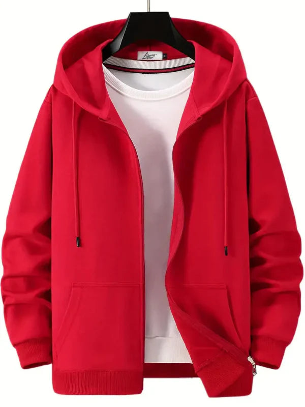 Sudadera con capucha y cremallera para hombre – Corte relajado – Mezcla de algodón – Capucha con cordón – Bolsillos
