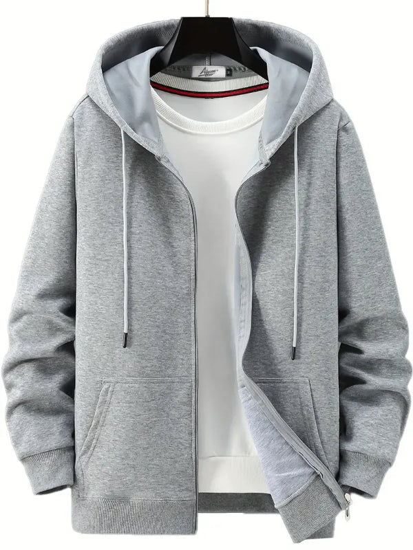 Sudadera con capucha y cremallera para hombre – Corte relajado – Mezcla de algodón – Capucha con cordón – Bolsillos