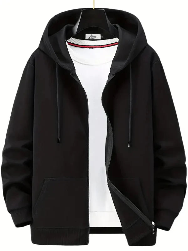 Sudadera con capucha y cremallera para hombre – Corte relajado – Mezcla de algodón – Capucha con cordón – Bolsillos