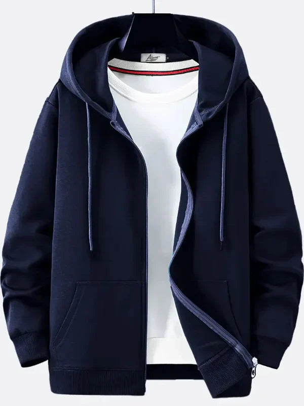 Sudadera con capucha y cremallera para hombre – Corte relajado – Mezcla de algodón – Capucha con cordón – Bolsillos