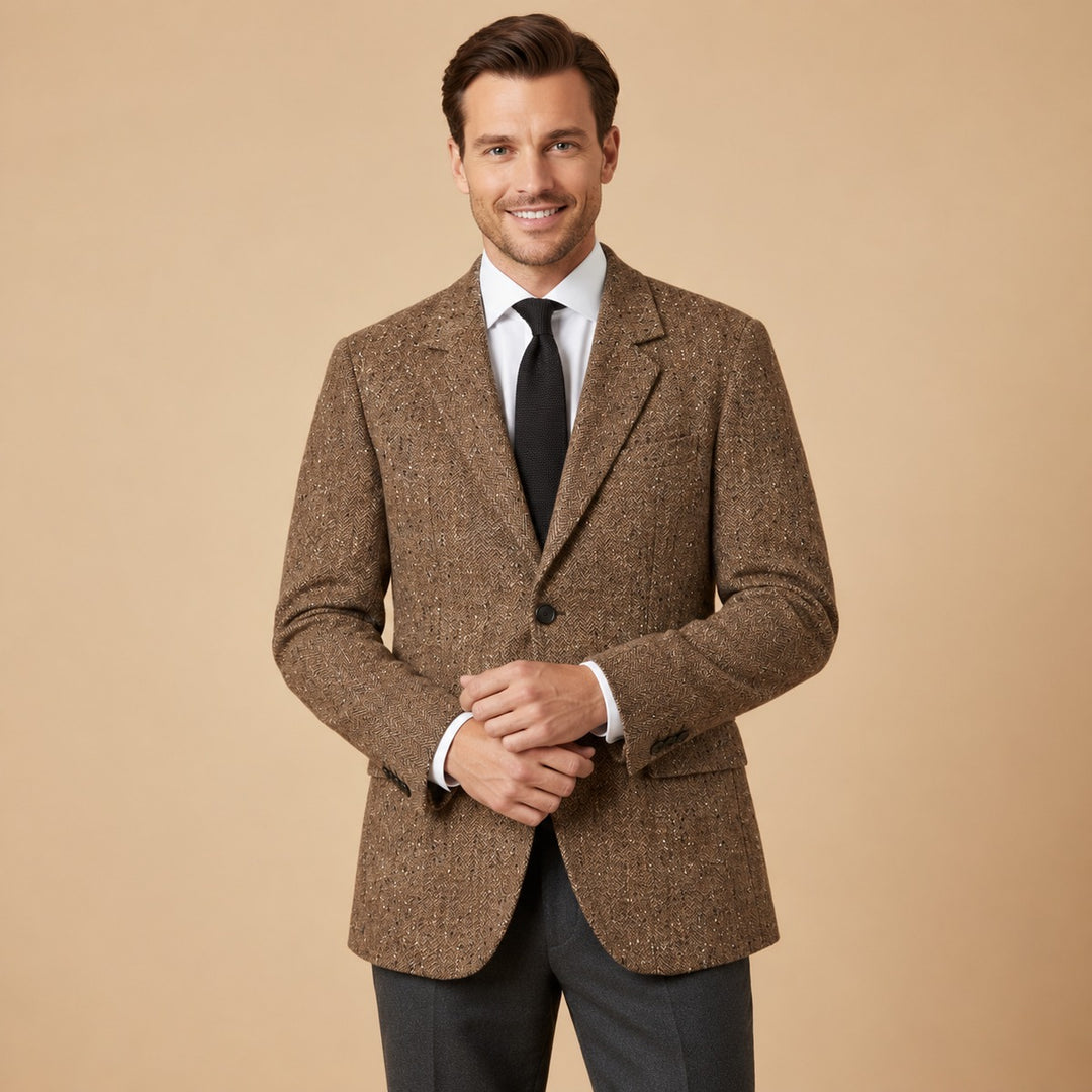 Man wearing the Jefferson tweed blazer in Brown