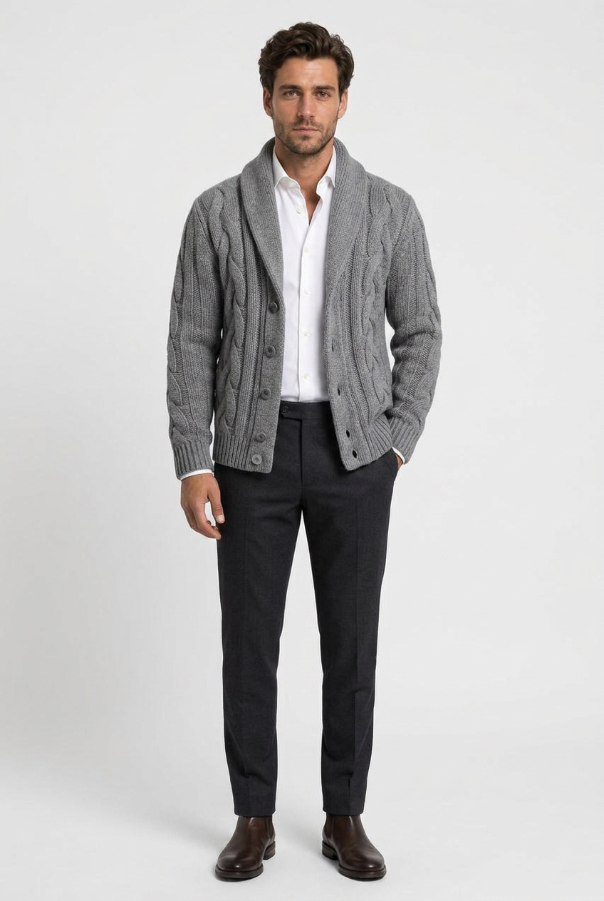 Men's Cable Knit Shawl Collar Cardigan - photo 7