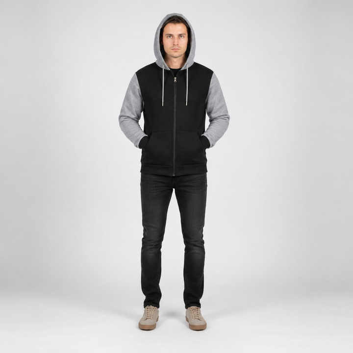 Men's black zip-up hoodie with light grey sleeves and hood, full body