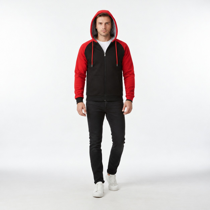 Men's black zip-up hoodie with red sleeves and hood, full body