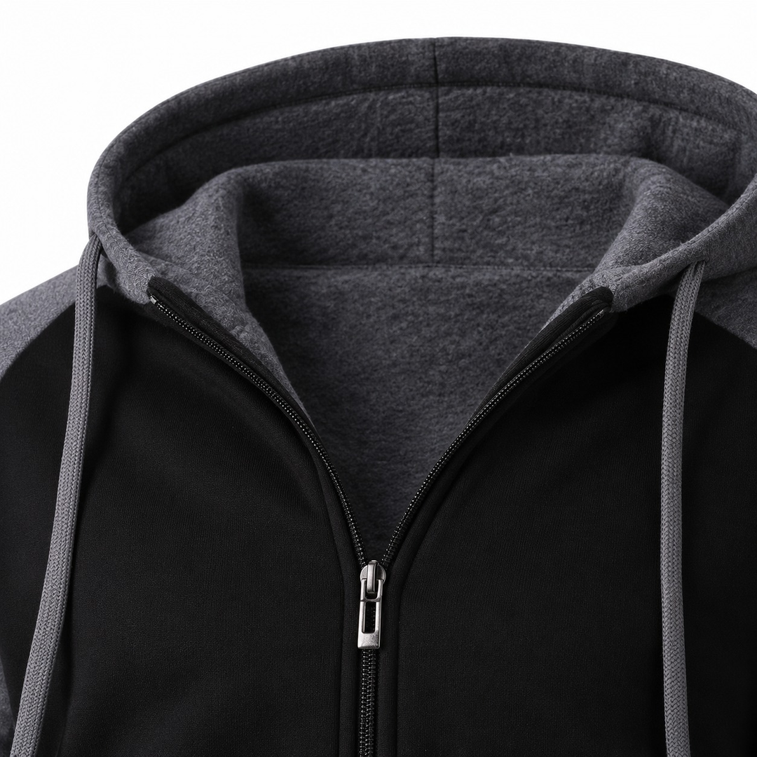 Close-up of the hood, zipper and drawstrings
