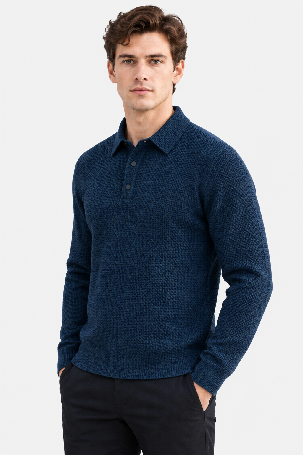 Men's Textured Knit Long Sleeve Polo Shirt - photo 2