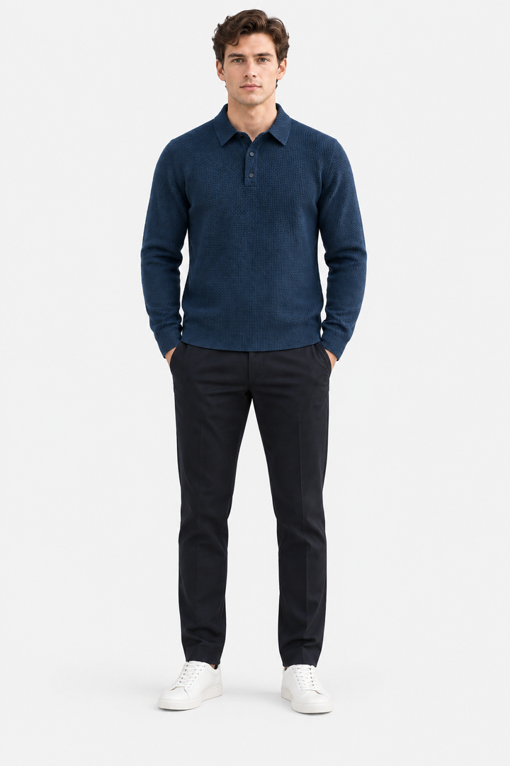 Men's Textured Knit Long Sleeve Polo Shirt - photo 4