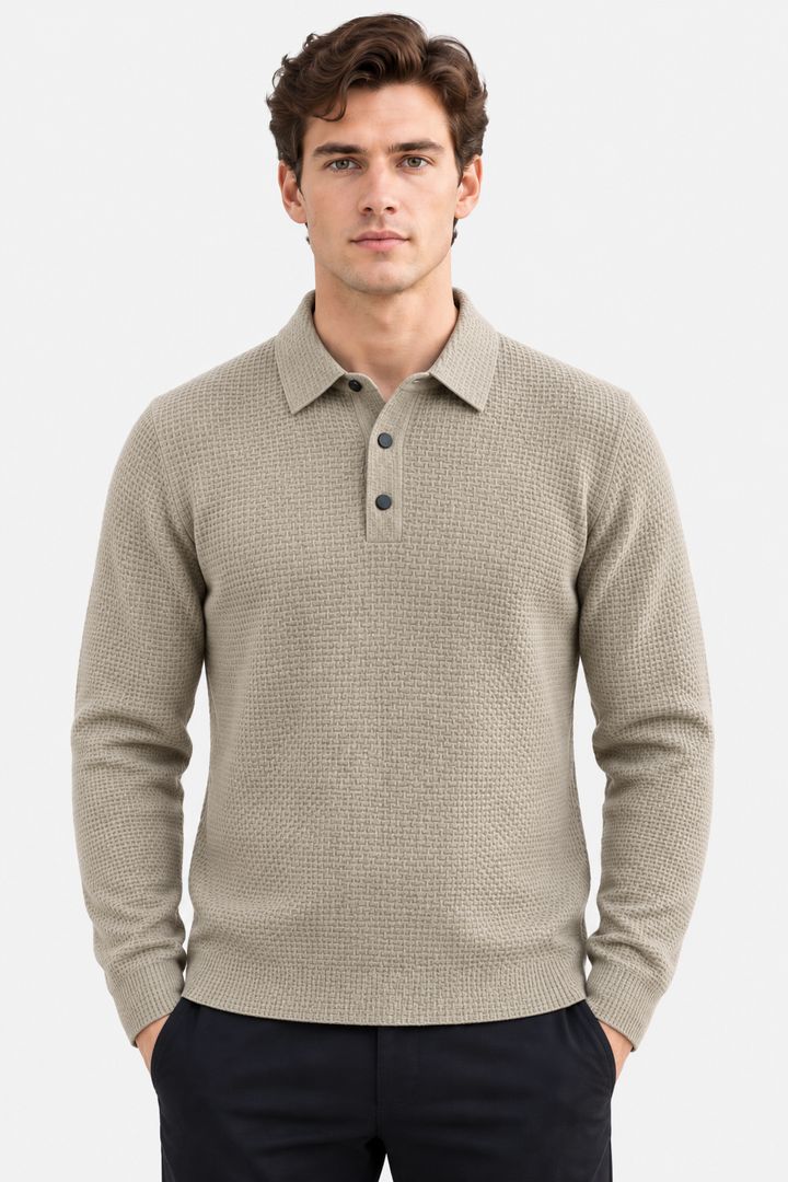 Men's Textured Knit Long Sleeve Polo Shirt - photo 5