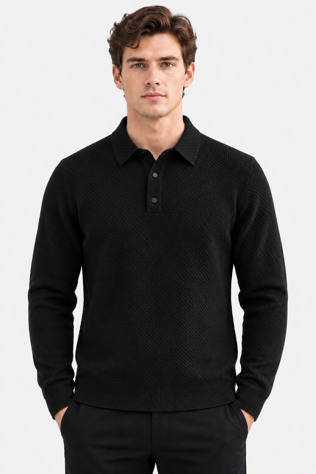 Men's Textured Knit Long Sleeve Polo Shirt - photo 7