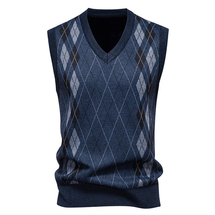 Men's Argyle Knitted Sweater Vest with V-Neck - Dark Grey