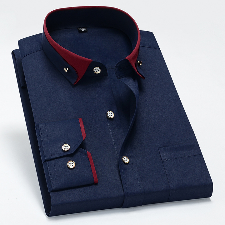 Men's button-down shirt with contrast collar in navy blue with wine red details