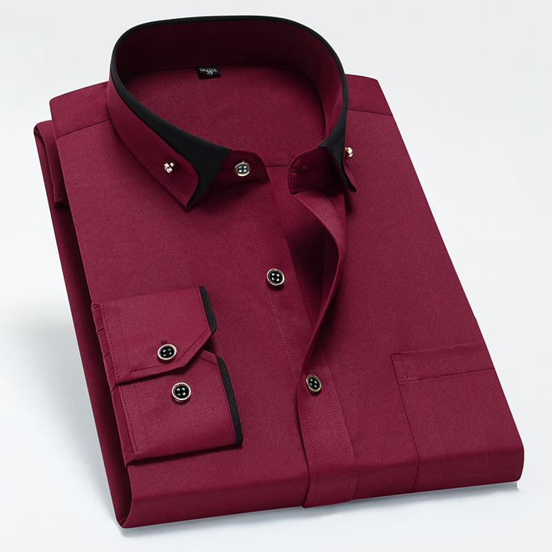 Men's button-down shirt with contrast collar in wine red with black details