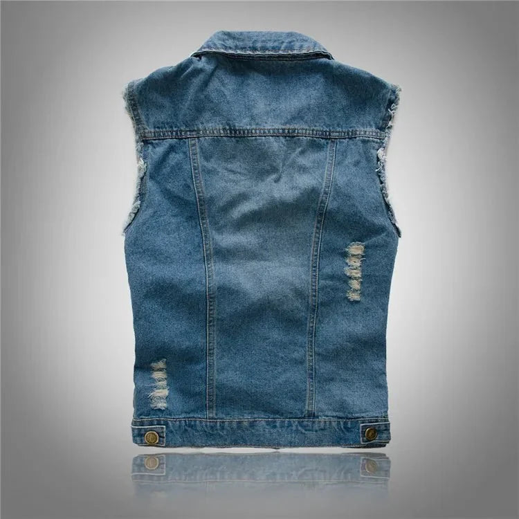 Men's Distressed Denim Vest — Emmett Sleeveless Button-Front