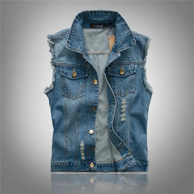 Men's Distressed Denim Vest — Emmett Sleeveless Button-Front