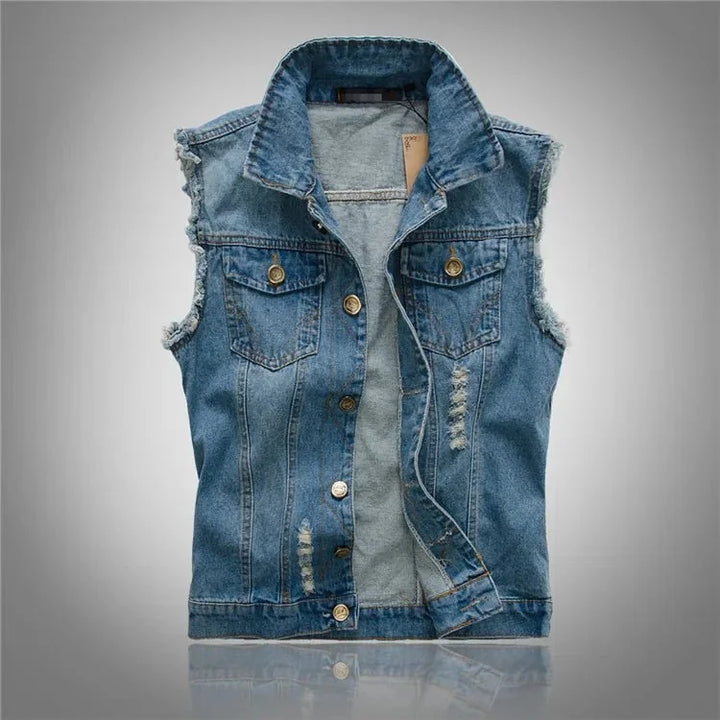 Men's Distressed Denim Vest — Emmett Sleeveless Button-Front