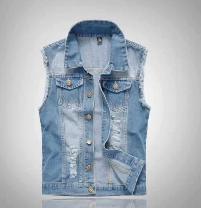 Men's Distressed Denim Vest — Emmett Sleeveless Button-Front