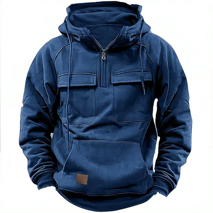 Felpa con cappuccio da uomo con cerniera corta, tasche cargo e cappuccio con coulisse