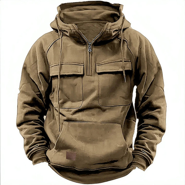 Felpa con cappuccio da uomo con cerniera corta, tasche cargo e cappuccio con coulisse