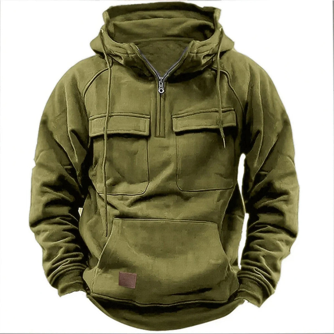 Felpa con cappuccio da uomo con cerniera corta, tasche cargo e cappuccio con coulisse