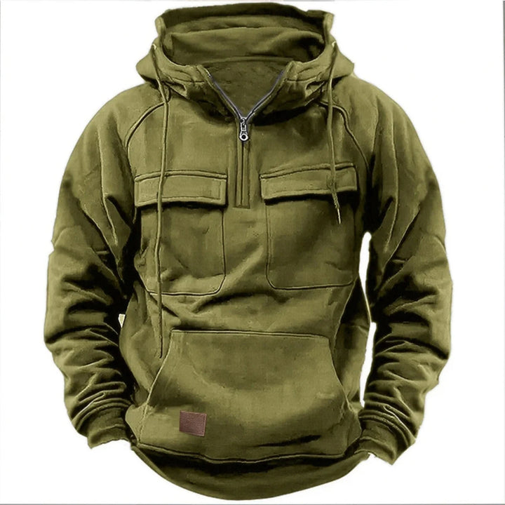 Felpa con cappuccio da uomo con cerniera corta, tasche cargo e cappuccio con coulisse