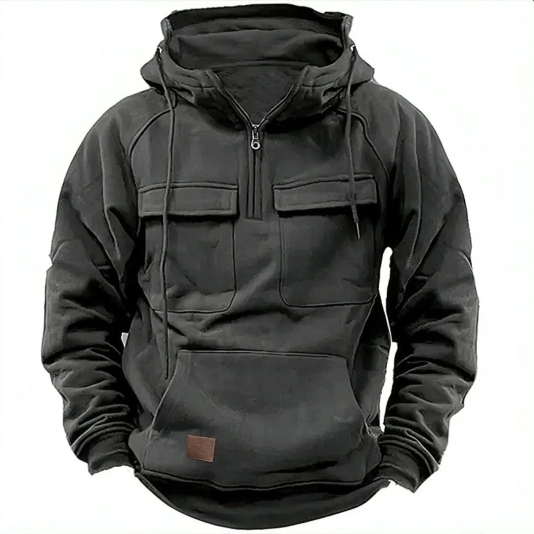 Felpa con cappuccio da uomo con cerniera corta, tasche cargo e cappuccio con coulisse