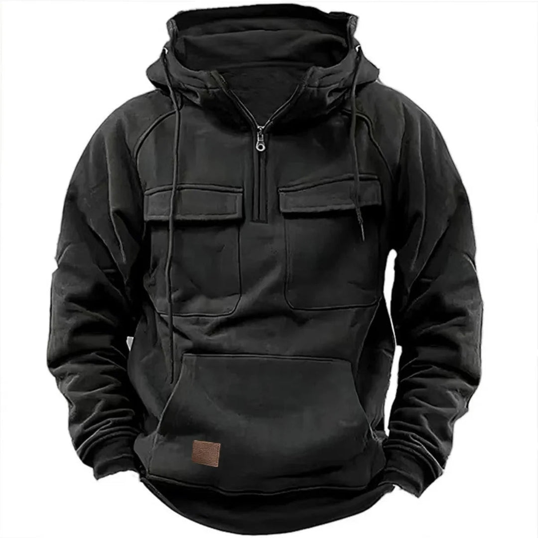 Felpa con cappuccio da uomo con cerniera corta, tasche cargo e cappuccio con coulisse