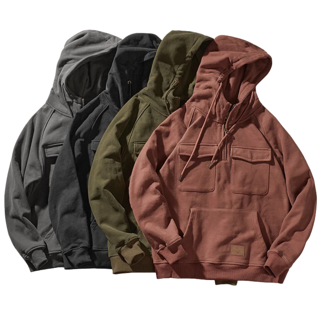 Felpa con cappuccio da uomo con cerniera corta, tasche cargo e cappuccio con coulisse