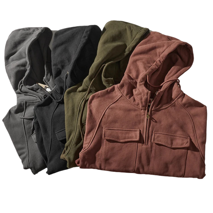 Felpa con cappuccio da uomo con cerniera corta, tasche cargo e cappuccio con coulisse