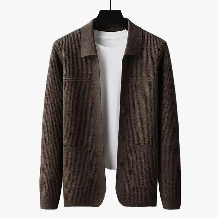Men's Rib Knit Cardigan with Button Front and Patch Pockets