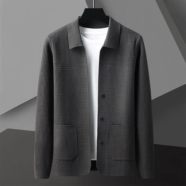 Men's Rib Knit Cardigan with Button Front and Patch Pockets