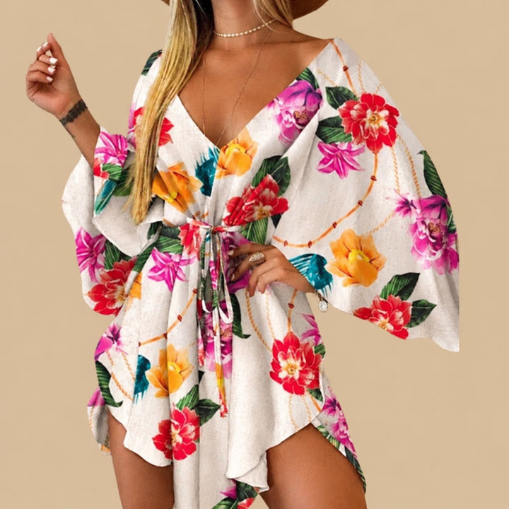 Nola women's boho tie-waist mini dress with bell sleeves in fuchsia