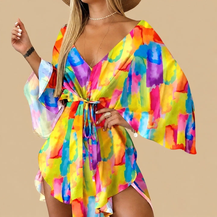 Nola women's boho tie-waist mini dress with bell sleeves in multicolor