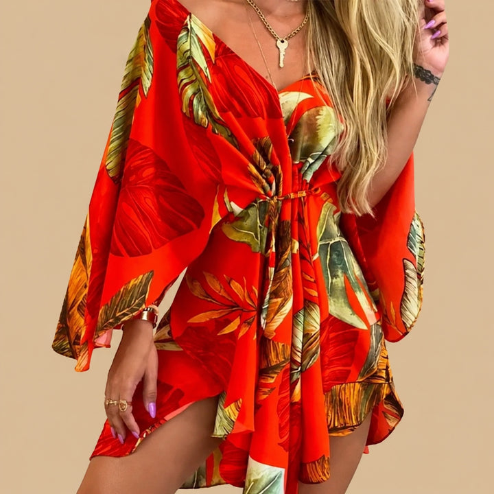Nola women's boho tie-waist mini dress with bell sleeves in red