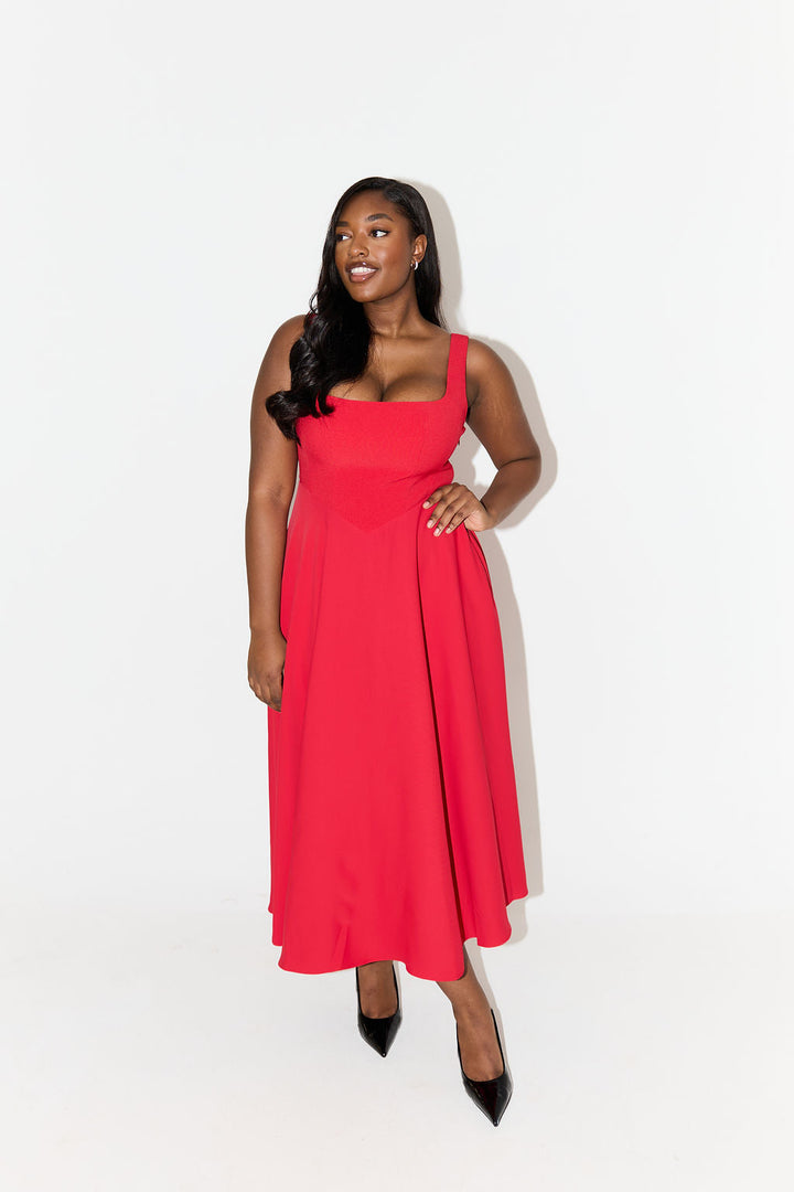 Women's A-Line Corset Midi Dress - Burgundy
