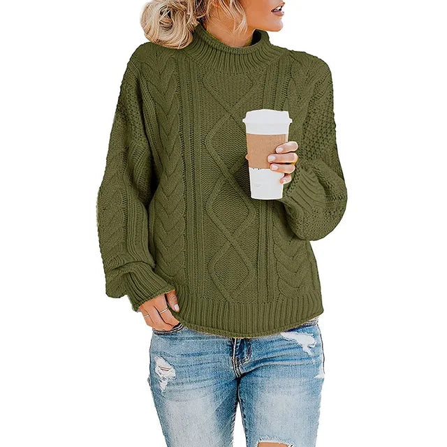Olive Green cable knit turtleneck sweater