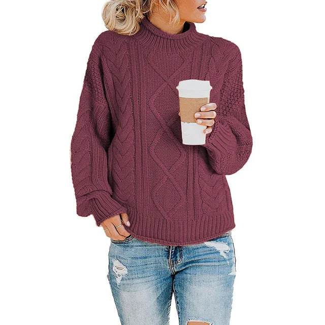 Wine Red cable knit turtleneck sweater