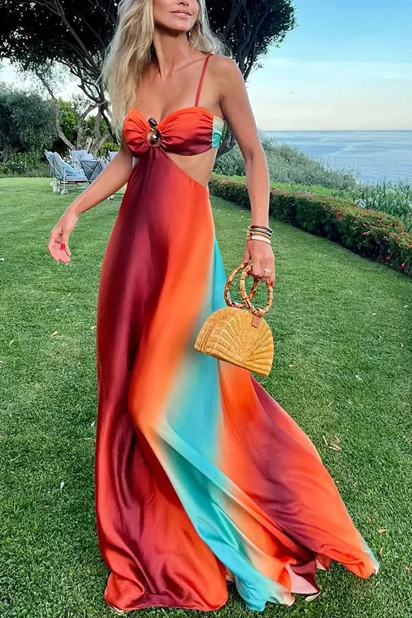 Women's Red and Turquoise Ombre Maxi Dress for Summer Evenings