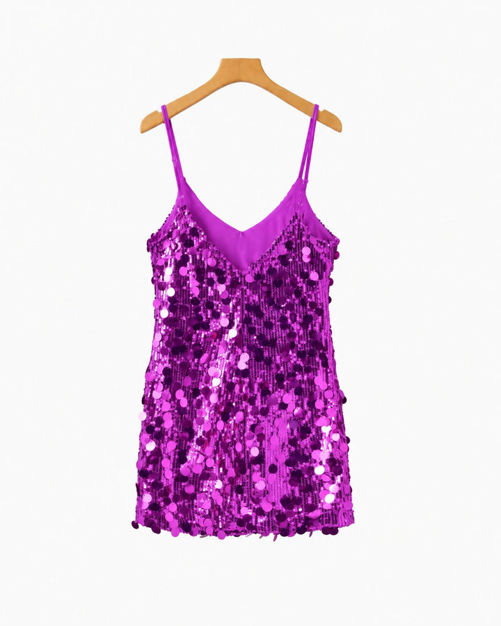 Women's Sequin Party Mini Dress with Straps - Purple, back