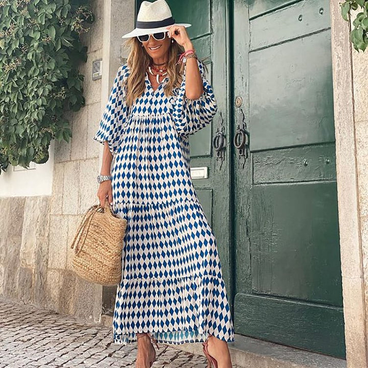 Flora - Women's Puff Sleeve Boho Printed V-Neck Maxi Dress