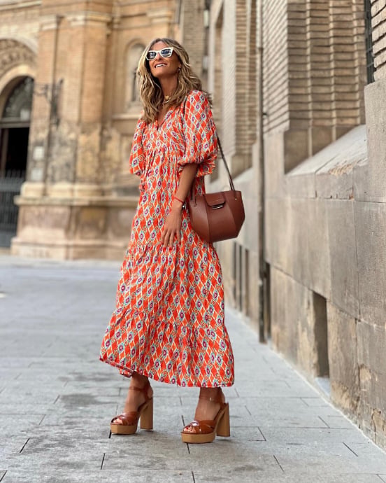 Flora - Women's Puff Sleeve Boho Printed V-Neck Maxi Dress