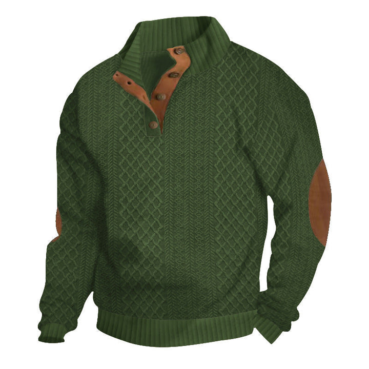 Jersey beige de punto trenzado con parches de cuero en los codos